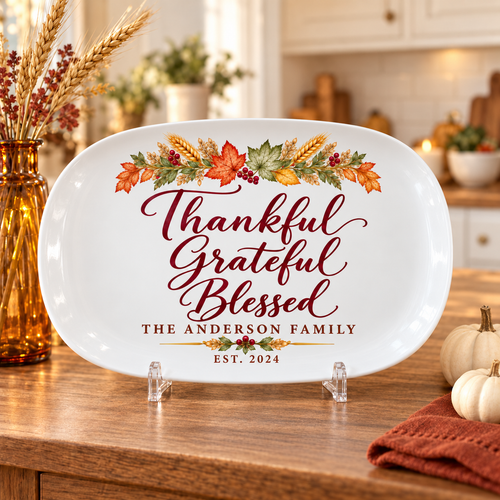 Personalized Thankful Grateful Blessed Thanksgiving Platter - Custom Family Name