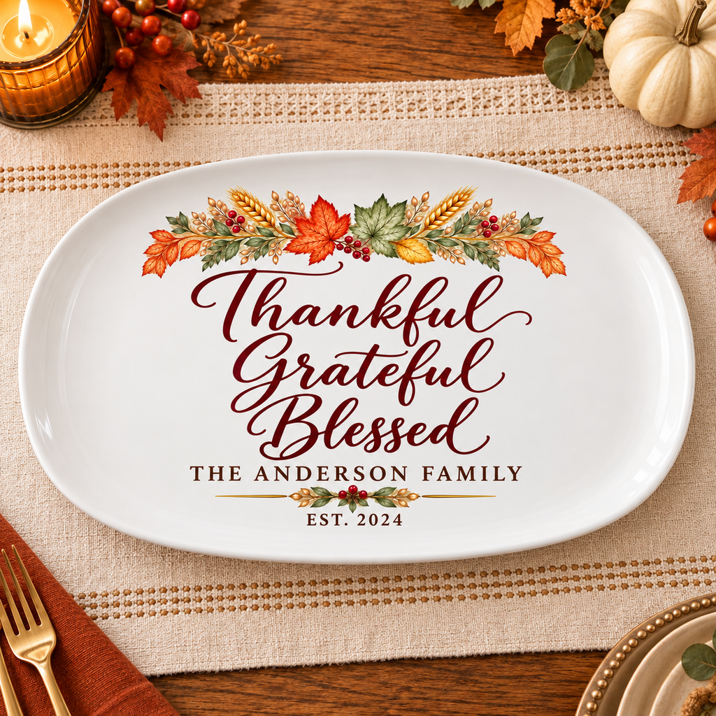 Personalized Thankful Grateful Blessed Thanksgiving Platter - Custom Family Name