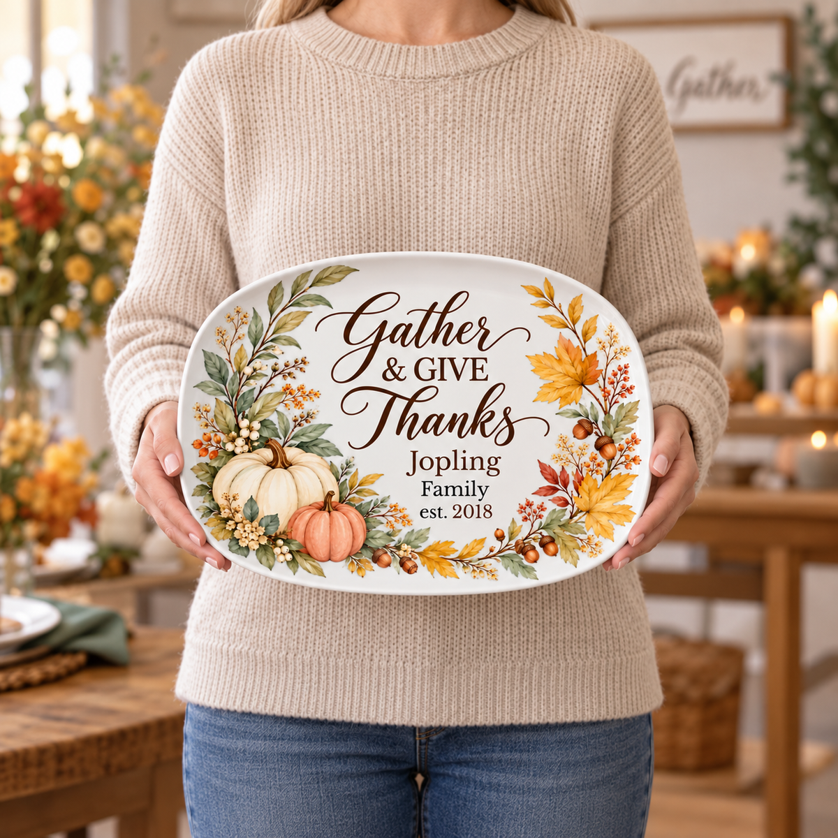 Gather and Give Thanks Platter with Personalized Family Name and Year