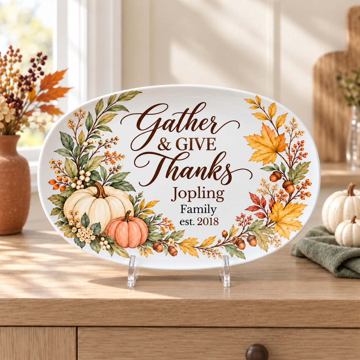 Gather and Give Thanks Platter with Personalized Family Name and Year