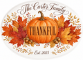 Personalized Thanksgiving serving platter with Thankful Pumpkin design featuring central watercolor pumpkin with THANKFUL text and custom family name in script