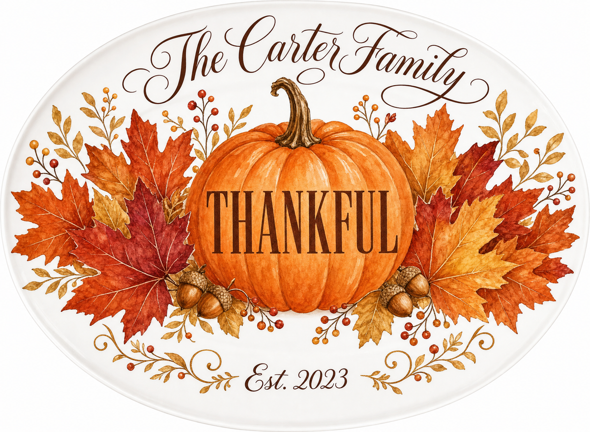 Personalized Thanksgiving serving platter with Thankful Pumpkin design featuring central watercolor pumpkin with THANKFUL text and custom family name in script