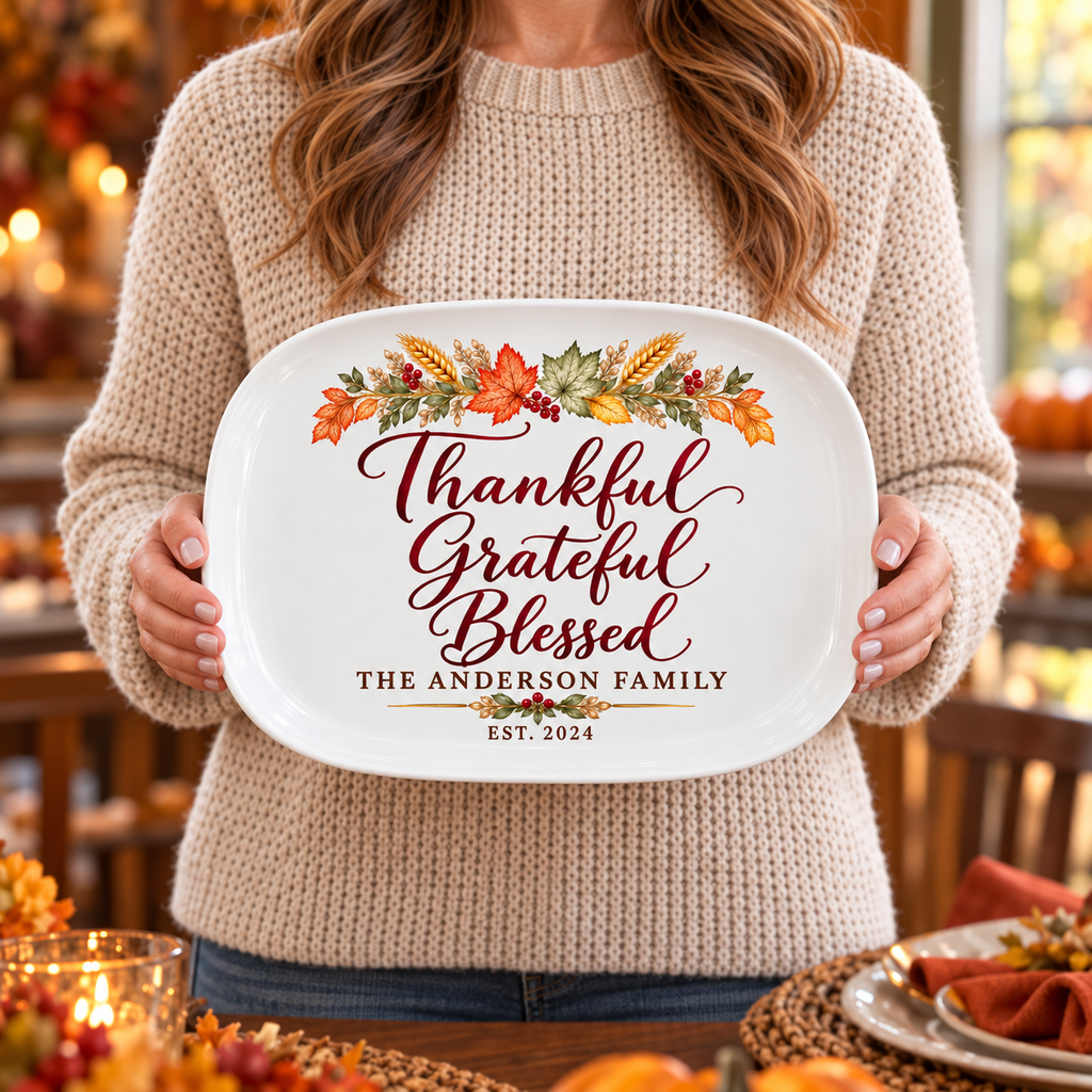 Personalized Thankful Grateful Blessed Thanksgiving Platter - Custom Family Name